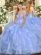 Modern Light Blue Ball Gowns Organza Strapless Sleeveless Appliques and Ruffles Floor Length Lace Up Ball Gown Prom Dress