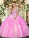 Flare Strapless Sleeveless 15th Birthday Dress Floor Length Appliques and Ruffles Lilac Tulle