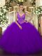 Purple Tulle Zipper V-neck Sleeveless Floor Length Sweet 16 Dresses Beading and Ruffles