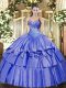 Charming Sweetheart Sleeveless Quinceanera Dresses Floor Length Beading and Ruffled Layers Blue Organza and Taffeta