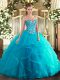Sumptuous Aqua Blue Ball Gowns Tulle and Printed Sweetheart Sleeveless Embroidery and Ruffles Floor Length Lace Up Quinceanera Dress