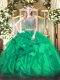 Flare Sleeveless Organza Floor Length Lace Up Quinceanera Dress in Turquoise with Beading and Ruffles