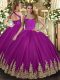 Amazing Fuchsia Ball Gowns Tulle Halter Top Sleeveless Appliques Floor Length Lace Up Quinceanera Dresses