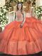 Affordable Orange Red Lace Up High-neck Beading and Ruffled Layers Quinceanera Dress Tulle Sleeveless