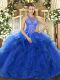 Exceptional Blue Quince Ball Gowns Military Ball and Sweet 16 and Quinceanera with Beading and Ruffles High-neck Sleeveless Lace Up