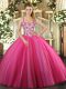 Modern Sleeveless Tulle Floor Length Lace Up Quince Ball Gowns in Hot Pink with Beading