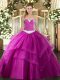 Fuchsia Tulle Lace Up Sweetheart Sleeveless Floor Length Vestidos de Quinceanera Appliques and Ruffled Layers