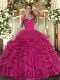 Gorgeous Sleeveless Tulle Floor Length Lace Up 15th Birthday Dress in Fuchsia with Ruffles