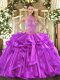 Floor Length Purple Quinceanera Gowns Organza Sleeveless Beading and Embroidery and Ruffles