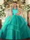 Flare Turquoise Sleeveless Tulle Lace Up Sweet 16 Quinceanera Dress for Military Ball and Sweet 16 and Quinceanera