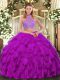 Fuchsia Sleeveless Organza Criss Cross Quince Ball Gowns for Military Ball and Sweet 16 and Quinceanera