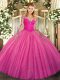 Hot Pink Ball Gowns Lace Quinceanera Gowns Lace Up Tulle Long Sleeves Floor Length