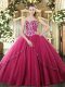 Romantic Brush Train Ball Gowns Ball Gown Prom Dress Hot Pink Sweetheart Tulle Sleeveless Lace Up