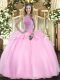 Stunning High-neck Sleeveless Sweet 16 Dresses Floor Length Beading Pink Organza
