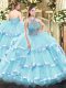 Tulle Halter Top Sleeveless Lace Up Beading and Ruffled Layers Quince Ball Gowns in Aqua Blue