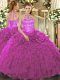 Edgy Fuchsia Sleeveless Floor Length Beading and Embroidery and Ruffles Lace Up Sweet 16 Dress