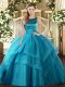Tulle Scoop Sleeveless Lace Up Ruffled Layers Sweet 16 Dresses in Teal