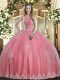 Classical Floor Length Lace Up 15 Quinceanera Dress Baby Pink for Military Ball and Sweet 16 and Quinceanera with Beading and Appliques