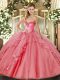 Watermelon Red Sleeveless Floor Length Beading and Ruffled Layers Lace Up Quinceanera Dress