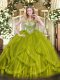 Sumptuous Scoop Sleeveless Lace Up Quince Ball Gowns Olive Green Tulle