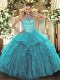 Teal Organza Lace Up Sweet 16 Dress Sleeveless Floor Length Beading and Embroidery and Ruffles