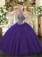 Amazing Purple Quince Ball Gowns Military Ball and Sweet 16 and Quinceanera with Beading Halter Top Sleeveless Lace Up