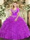 Fuchsia Lace Up Sweetheart Beading and Ruffles Quinceanera Gown Tulle Sleeveless