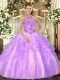 Fantastic Floor Length Lilac Quinceanera Dresses Halter Top Sleeveless Lace Up
