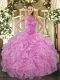 Sumptuous Lilac Halter Top Lace Up Beading and Embroidery and Ruffles Quince Ball Gowns Sleeveless