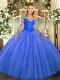 High Quality Blue Scoop Lace Up Lace Ball Gown Prom Dress Long Sleeves