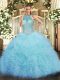 Attractive Aqua Blue Halter Top Neckline Beading and Ruffles and Pick Ups 15 Quinceanera Dress Sleeveless Lace Up