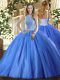 Noble High-neck Sleeveless Lace Up 15 Quinceanera Dress Baby Blue Tulle
