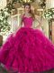 Fuchsia Tulle Lace Up Halter Top Sleeveless Floor Length Quinceanera Dresses Ruffles
