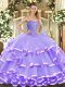 Floor Length Lace Up 15th Birthday Dress Lavender for Military Ball and Sweet 16 and Quinceanera with Beading and Ruffled Layers