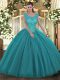 Scoop Sleeveless Backless Sweet 16 Quinceanera Dress Teal Tulle and Sequined