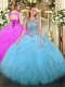Aqua Blue Lace Up Scoop Beading and Ruffles Quinceanera Gown Tulle Sleeveless