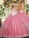 Flirting Watermelon Red Lace Up Sweetheart Beading and Appliques 15th Birthday Dress Tulle Sleeveless