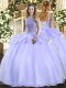 Square Sleeveless 15th Birthday Dress Floor Length Beading Lavender Organza