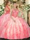 Watermelon Red Ball Gowns High-neck Sleeveless Organza Floor Length Lace Up Beading and Ruffles Ball Gown Prom Dress