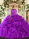 Traditional Purple Ball Gowns Organza Strapless Sleeveless Ruffles and Pick Ups Floor Length Lace Up 15 Quinceanera Dress