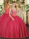 Beautiful V-neck Sleeveless Quinceanera Gown Floor Length Beading Red Tulle