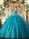 Excellent Ball Gowns Sweet 16 Quinceanera Dress Teal Straps Tulle Sleeveless Floor Length Lace Up