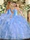 Eye-catching Baby Blue Lace Up Ball Gown Prom Dress Beading and Ruffles Sleeveless Floor Length