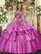 Dramatic Lilac Ball Gowns Beading and Ruffled Layers Quinceanera Dresses Lace Up Organza and Taffeta Sleeveless Floor Length