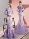 High End Scoop Long Sleeves Prom Gown Sweep Train Beading and Appliques Lavender Tulle