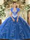 Blue Ball Gowns Tulle Sweetheart Cap Sleeves Beading Floor Length Lace Up Sweet 16 Quinceanera Dress