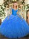 Sweet Organza Scoop Long Sleeves Lace Up Lace and Ruffles Sweet 16 Dress in Blue