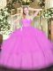 Floor Length Lilac Vestidos de Quinceanera Tulle Sleeveless Beading and Lace and Ruffled Layers