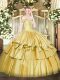 Customized Beading and Ruffled Layers 15 Quinceanera Dress Gold Lace Up Sleeveless Floor Length