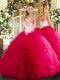Tulle Sweetheart Sleeveless Lace Up Beading and Ruffles Quinceanera Dress in Hot Pink